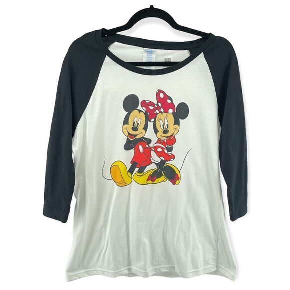 Disney Women’s Mickey & Minnie Mouse Black White Raglan Baseball Graphic Tee L - Picture 2 of 10